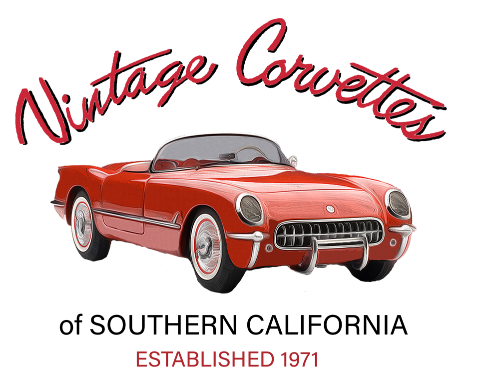 Classic Vintage Corvettes of Southern California logo with red script and a red C1 convertible